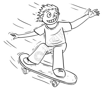 手画卡通矢量说明一名男孩骑滑板图片