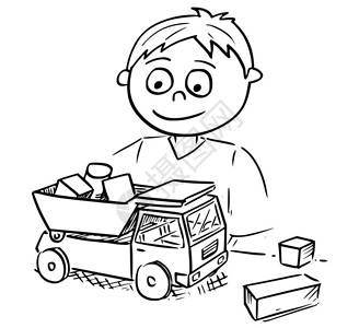 一个男孩玩具卡车和木制构件的漫画图片