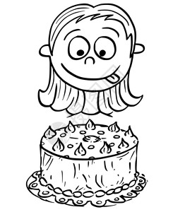 手画卡通矢量插图女孩看生日蛋糕图片