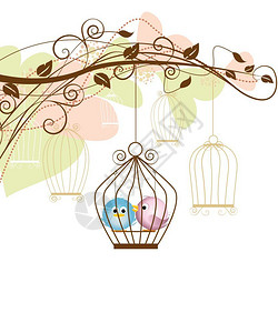 可爱的鸟装饰树枝和笼子里的鸟图片