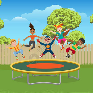 孩子们在花园里跳蹦床上精力充沛和快乐的孩子在花园里跳蹦床上矢量增压插画