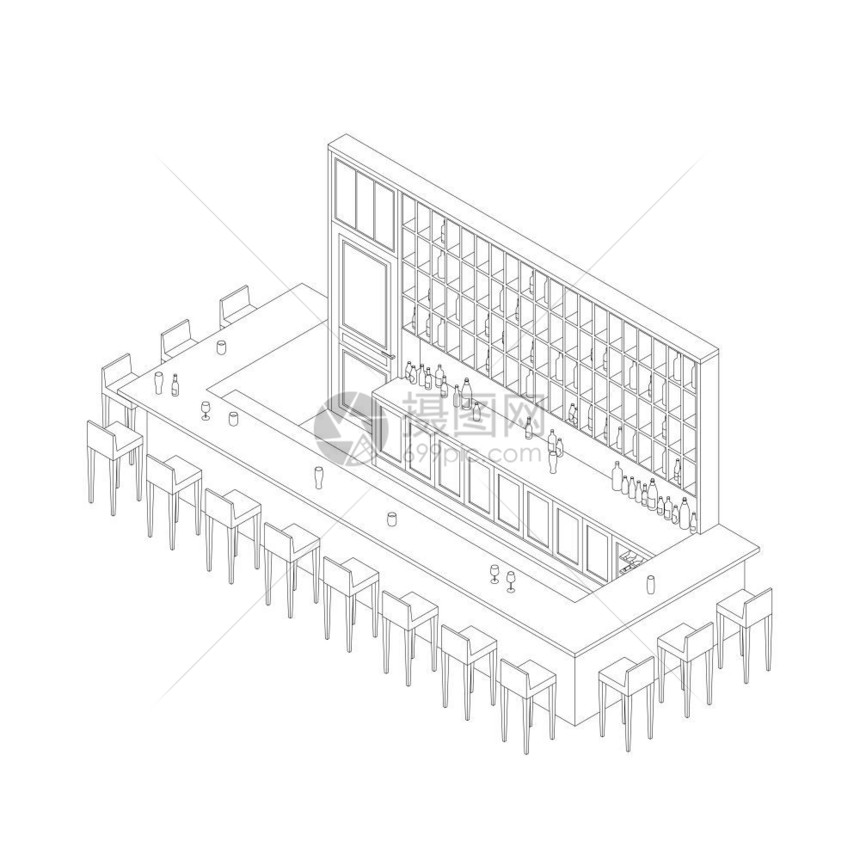 酒吧餐厅内侧的几条线用酒吧桌凳子和货架绘制内侧的画并配有酒精图片
