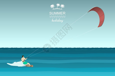男子冲浪海上风筝冲浪的男子插画