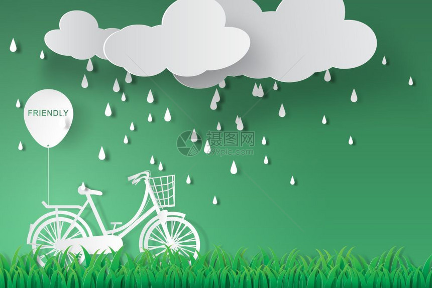 绿色花园的脚踏纸艺术有雨季友好向量图片