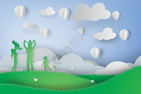 绿色快乐家庭在田野玩的艺术作品图片
