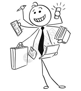 苦工卡通矢量棒人展示了快乐笑的商人或卖家成功同时从事许多工作即用七臂人的概念插画