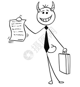 卡通矢量说明微笑的棍棒人魔鬼商或推销员提供合同或协议文件供签署图片