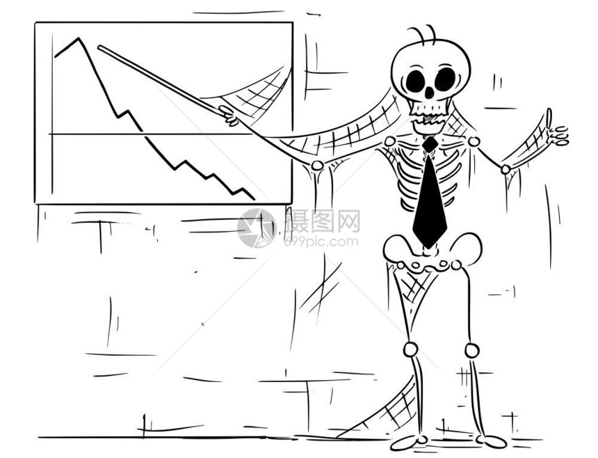 卡通插图人类骨骼死者商人办事员销售或经理指向利润图并显示拇指举手势图片