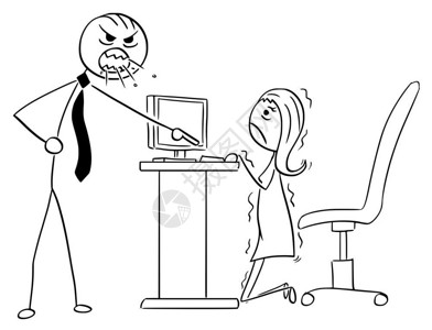 卡通矢量说明办公室内愤怒的棍棒男老板经理对女商人或办事员大喊叫她躲在办公桌后面插画