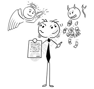 卡通插画表明棍棒人商或销售提供合同或协议并在天使和魔鬼之间决定将天使和魔鬼视为是好人或坏的概念插画
