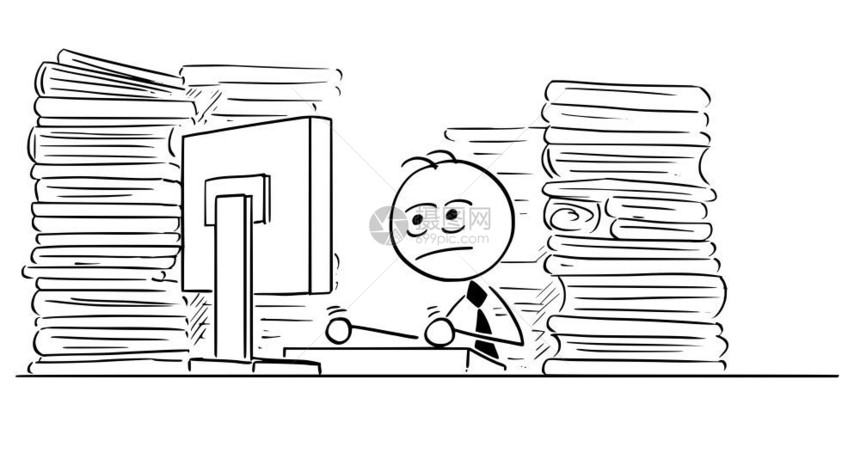 卡通插图说明不快乐的疲劳棍子男人商经理克莱工作计算机在办公室的计算机周围文件图片