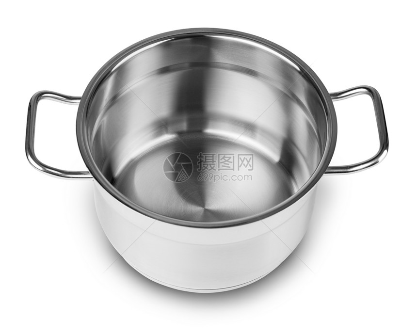不锈钢烹饪锅在白色背景和剪切路径上被隔离图片