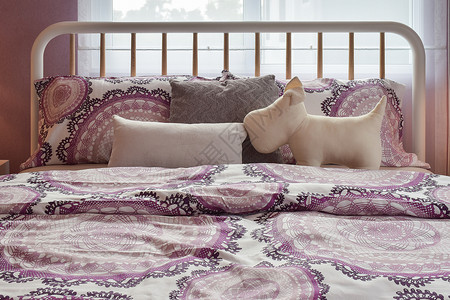 室内卧床上有紫色枕头图片