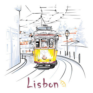 火车素描素材葡萄牙里斯本阿尔法马的黄色28辆电车葡萄牙里斯本阿尔法马最古老的旧城区阿尔法马街的流行古老黄色28辆电车的矢量采市景色插画