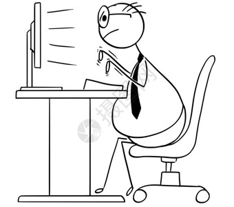 卡通矢量棍工说明脂肪超重程序员或办事公室工作人员坐在椅子上并计算机键盘上打字背景图片