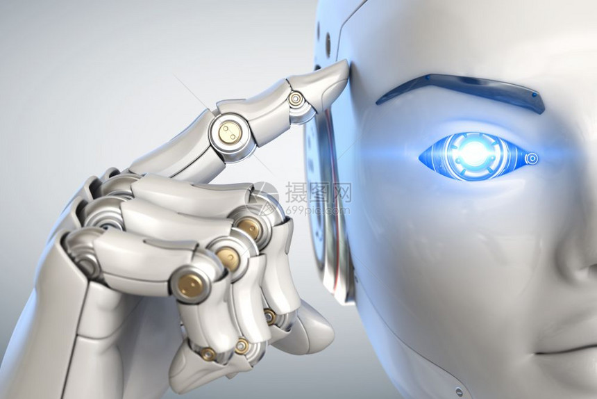 机器人在头顶上握着一只手指3D插图图片