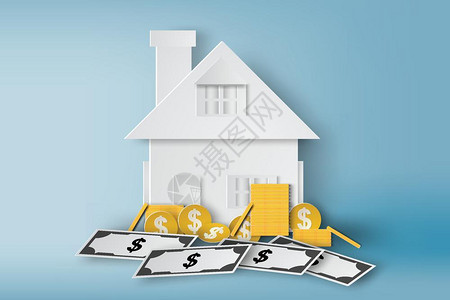 钱和房子装满一堆钱和地产符号的家用纸币增长横幅矢量插画