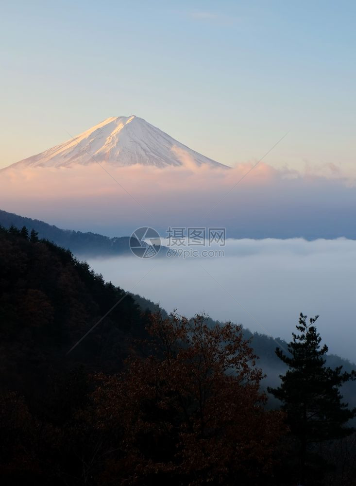 富士山的美丽拍摄前景下有大雾图片