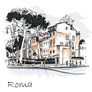 意大利街道意大利罗马的景象城市观意大利罗马典型街道的矢量城市观意大利罗马老城的石松树插画