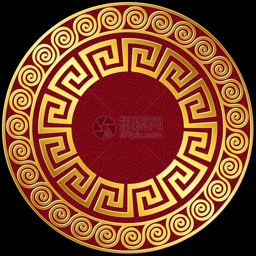 传统古金希腊装饰品Meander传统古金圆希腊装饰品红色和黑背景的Meander模式图片