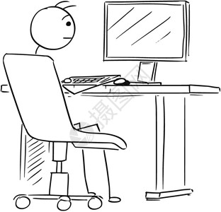 卡通Stickmanbackview插图商人在台式计算机上工作的商人图片