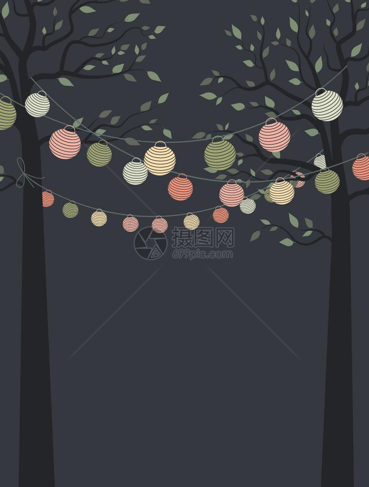 树的矢量说明上有叶和彩色灯笼链请柬卡派对庆祝活动彩色灯笼链图片