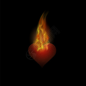 卡通红色火焰燃烧的心贴纸与火焰燃烧孤立在黑色背景上燃烧的心贴纸与火焰燃烧与燃烧背景