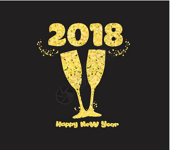 新年香槟玻璃2018年金色孤立于黑背景图片