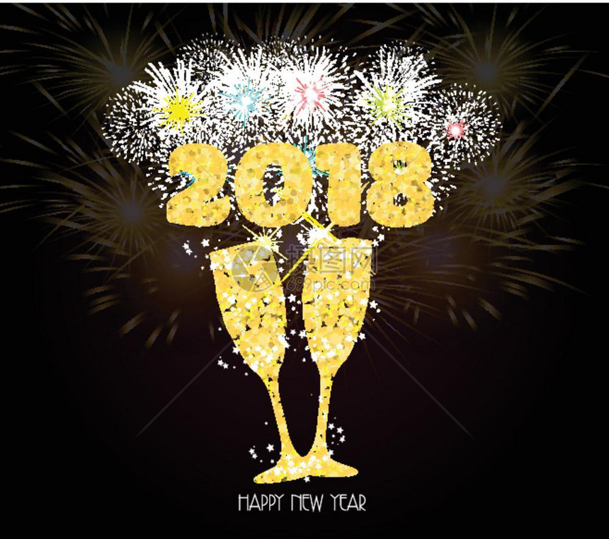 新年香槟吐司金色2018年背景烟火灯效应图片