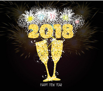 新年香槟吐司金色2018年背景烟火灯效应图片