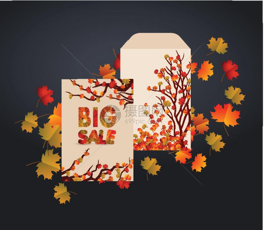 矢量设计信封卡片和秋叶可作为感恩节的邀请和问候图片
