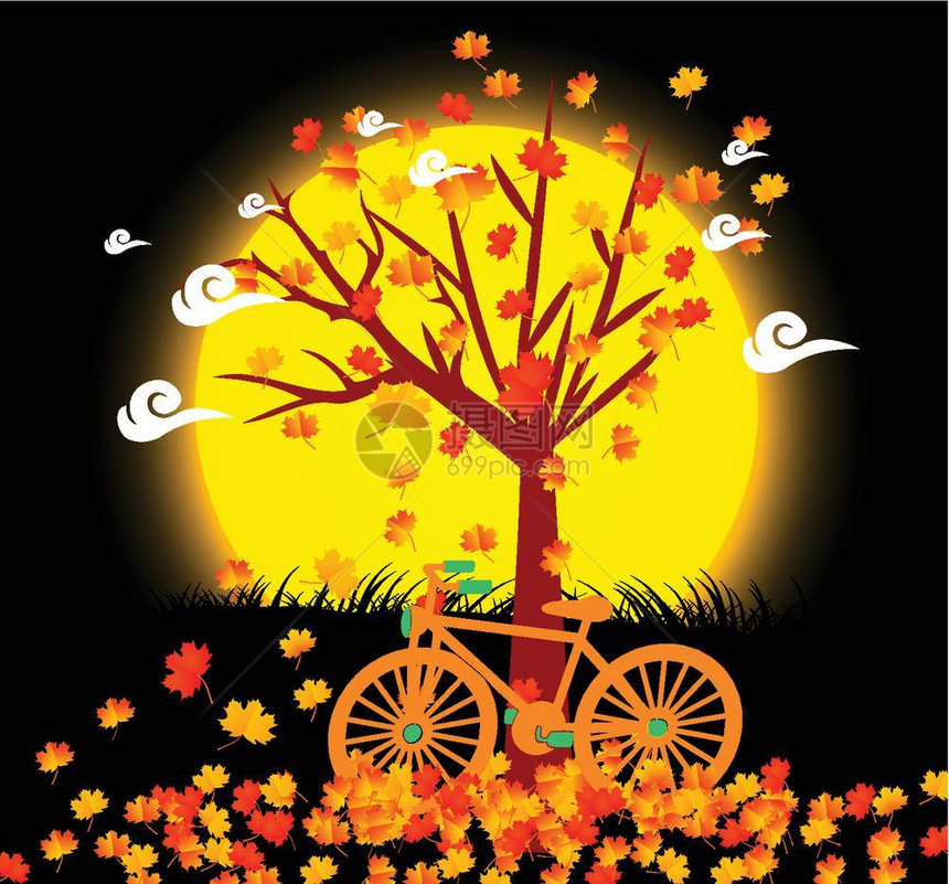 在月光下有叶和自行车的然背景图片