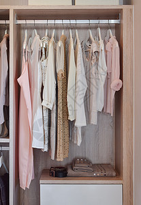现代衣柜有一排服挂在木制柜里图片
