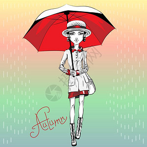 夜衣帽子和靴外套穿红色雨伞的裙子图片