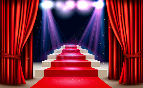 有红地毯的表演室通往讲台和聚光灯节夜表演背景矢量背景图片