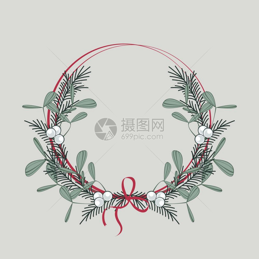 圣诞花圈有树枝和寄生虫用矢量说明圣诞花圈有树枝和寄生虫圣诞贺卡快乐图片