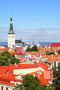 尖顶屋顶爱沙尼亚圣奥拉夫和尔斯柯圣奥拉夫和尔斯柯古城塔林的Vew背景