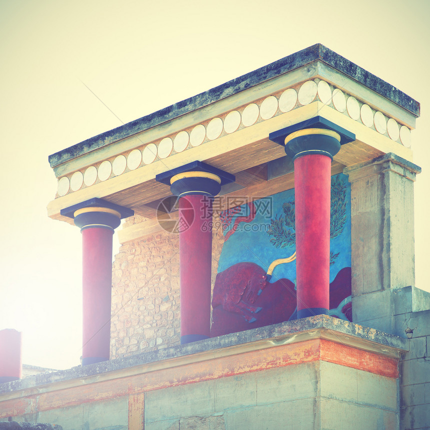 希腊克里特雷诺索斯宫的废墟Retro风格过滤图像图片