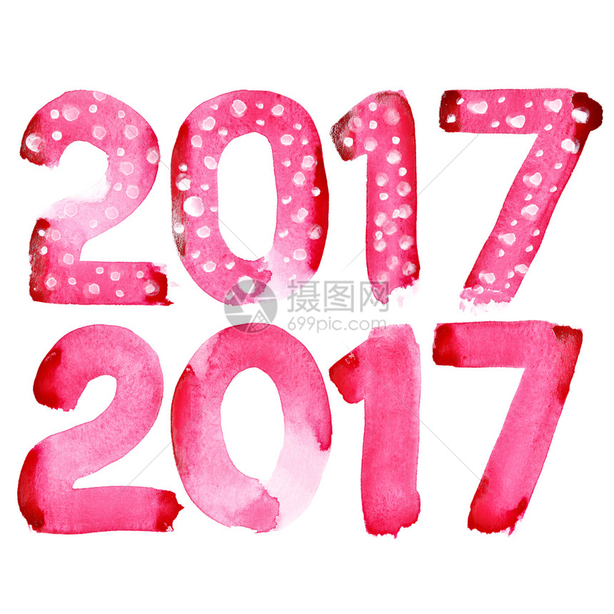 新年快乐2017红水彩色号码孤立于白色背景图片