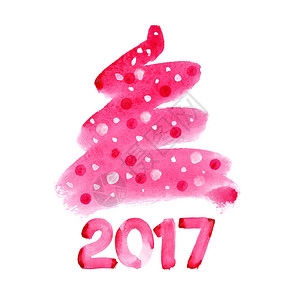 新年快乐2017红水彩色圣诞树隔绝在白色背景上图片