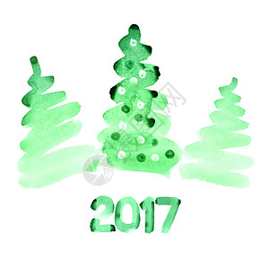 新年快乐2017绿色水彩圣诞树图片