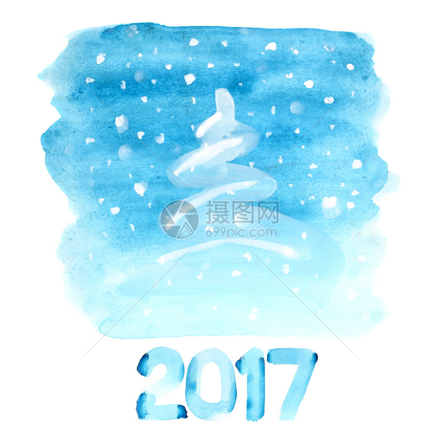 蓝水彩圣诞树白底有雪图片