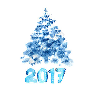 新年2017年蓝水彩圣诞树白底隔离在图片