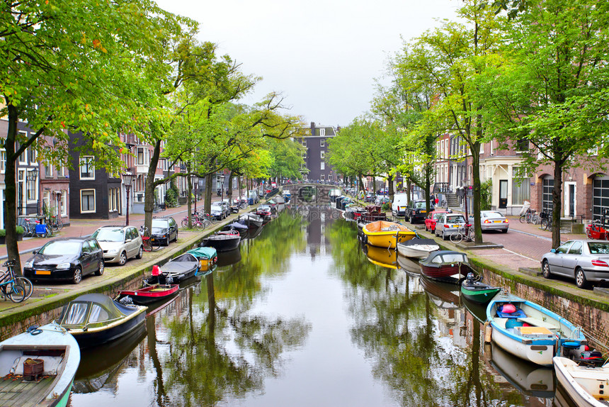 阿姆斯特丹运河与船只的视图图片