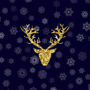金色闪光鹿头在冬季蓝雪花背景上有分角的金色闪光鹿头分角图片