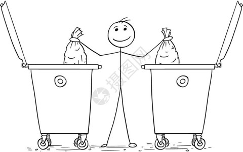 卡通浪费素材卡通木棍人说明男把两个单独的废物袋扔到集装箱垃圾里插画