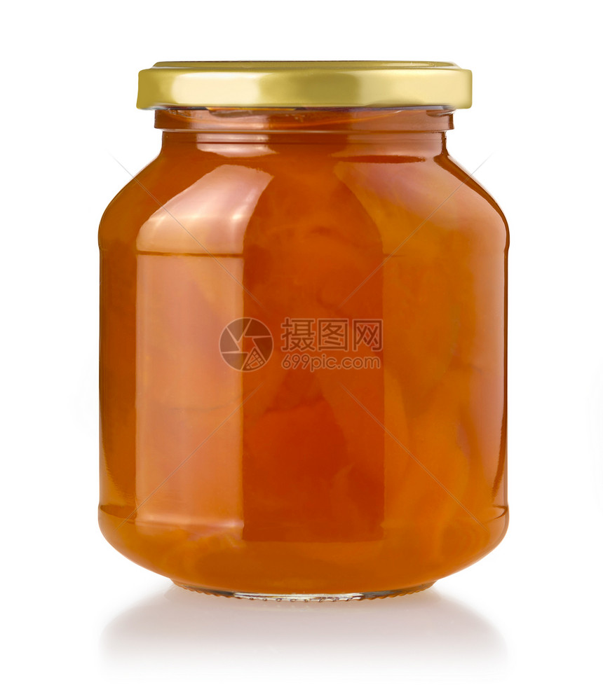 杏仁果酱玻璃罐在白色背景与剪切路径隔离图片