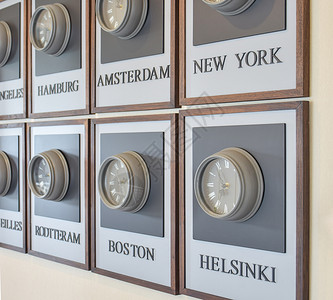 显示墙上世界不同城市时间的木制钟图片
