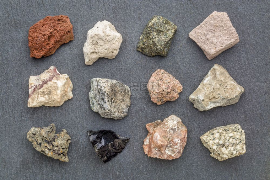 从左上角收集的有光亮岩石地质学包括scoriapumicegabbrotuffrhyolitedorite花岗岩和铁矿basal图片