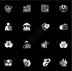 家庭医疗护理保险和医疗服务图标集平面设计单独说明生命和健康免疫符号个人和群体寿保险符号生命和心脏护理符号插画